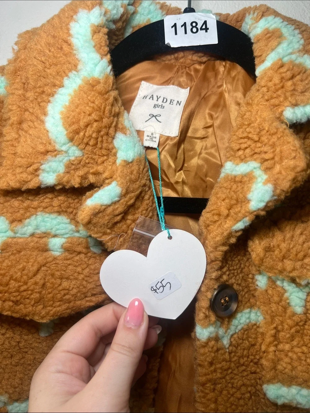 Hayden Girls Cozy Wave-Pattern Teddy Coat in Brown & Light Blue